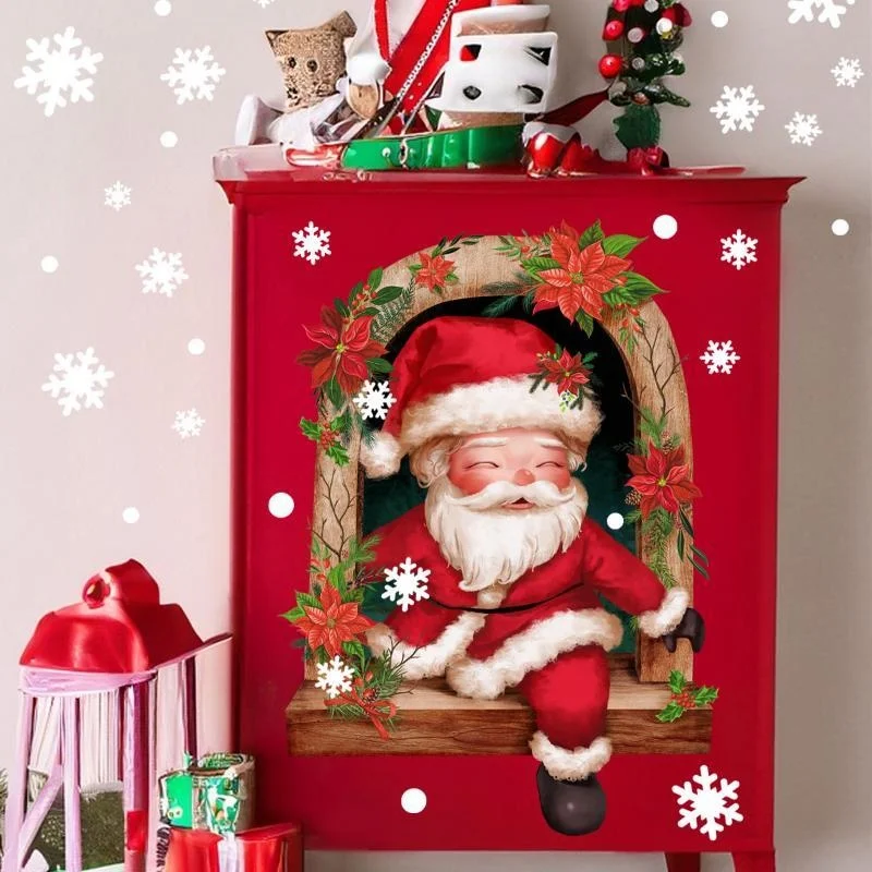 Cartoon Santa Claus Snowflake Decoration Wall Sticker Santa Claus Window Flipping Self-adhesive Wall Sticker Home Decor Sticker