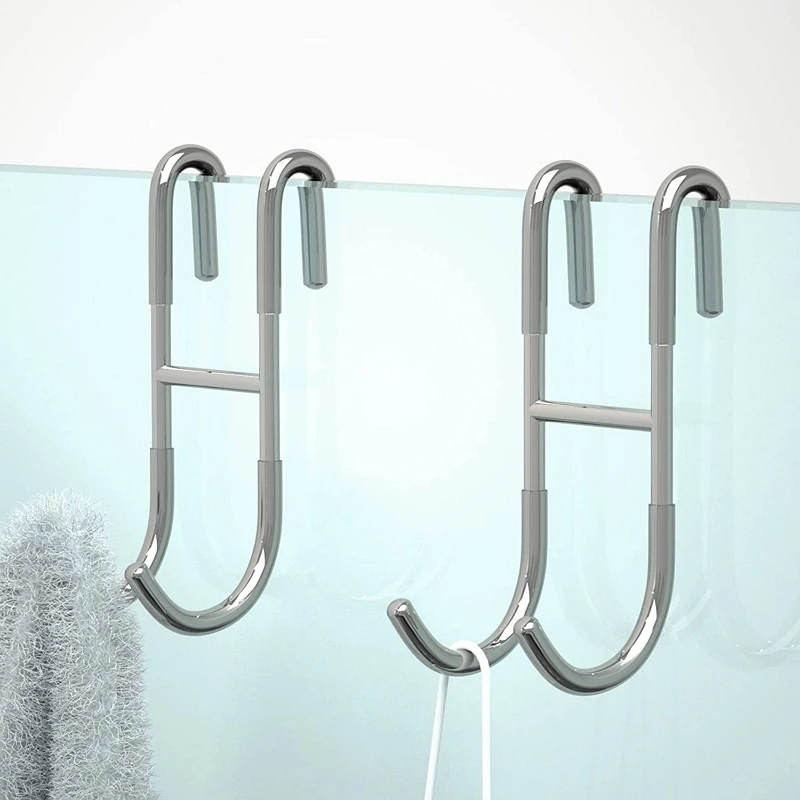 Shower Door Hook Stainless Steel Over Frameless Glass Hanger Bath Towel Clean Ball Squeegee Holder Rack S-Shape Drilling-Free 3