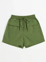 Olive drab Women's Oversized Woven Solid Color Casual Shorts Comfortable Loose Fit High Waist Knee-Length Summer Fashion Olive d