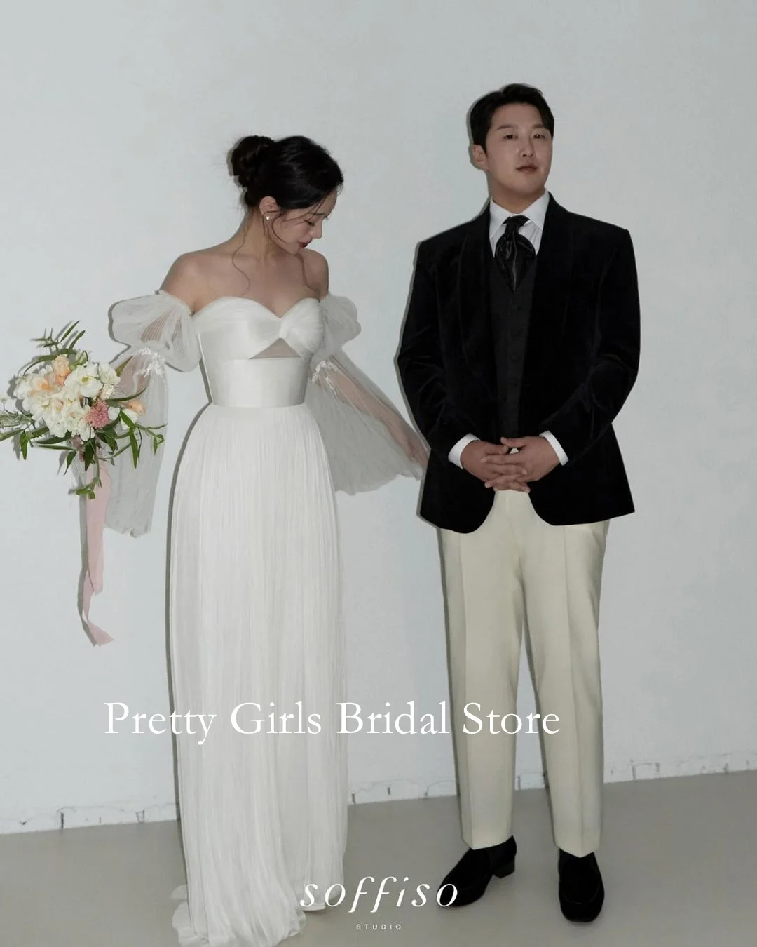 

OEING Sweetheart Korea Garden White Puffy Sleeves Wedding Dresses Simple 프롬드레스 Ruched A-Line Bride Growns Party Women