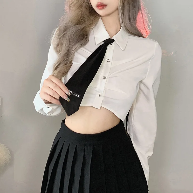 

2023 New Fashion Solid Color Slim Lapel Tie with Exposed Navel Long Sleeve Women's T-shirt