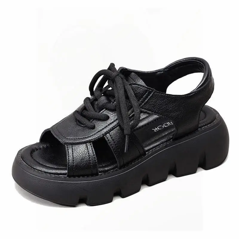 

Thick Soled Sandals for Women in The Summer of 2024 New Fashionable Casual Lace Up Sponge Cake Shoes Trendy and Hollowed Out