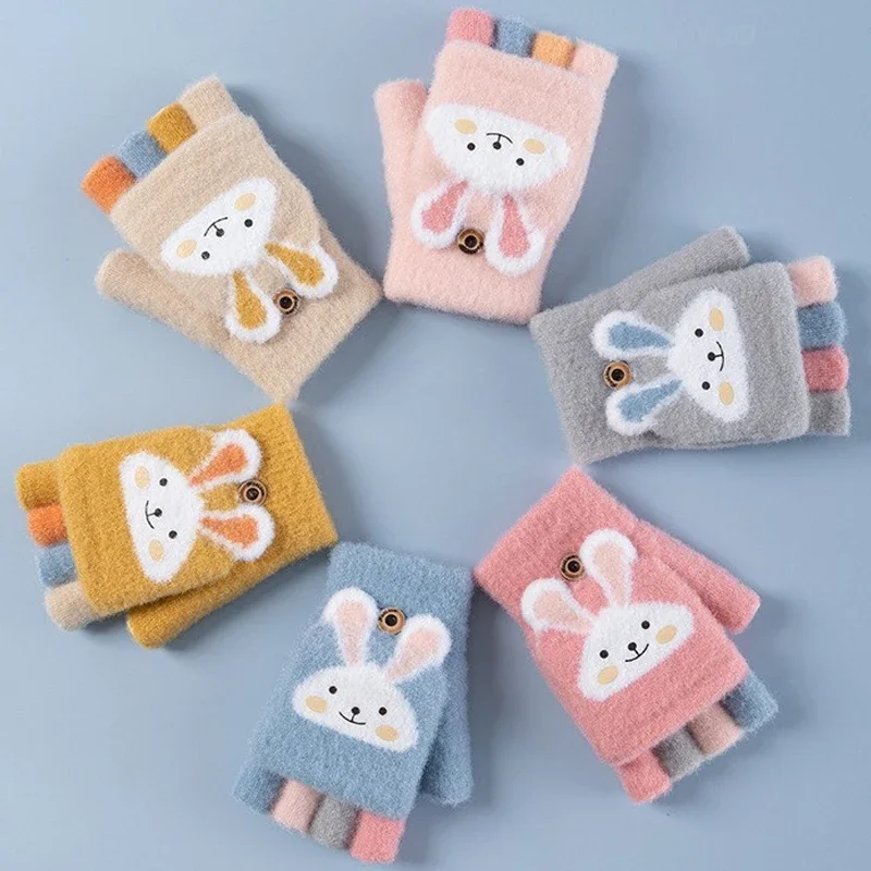 Children Five Finger Gloves Winter Boy Thickened Half Finger Mittens Girl Kid Knitted Mitten Cartoon Warm Flip Gloves