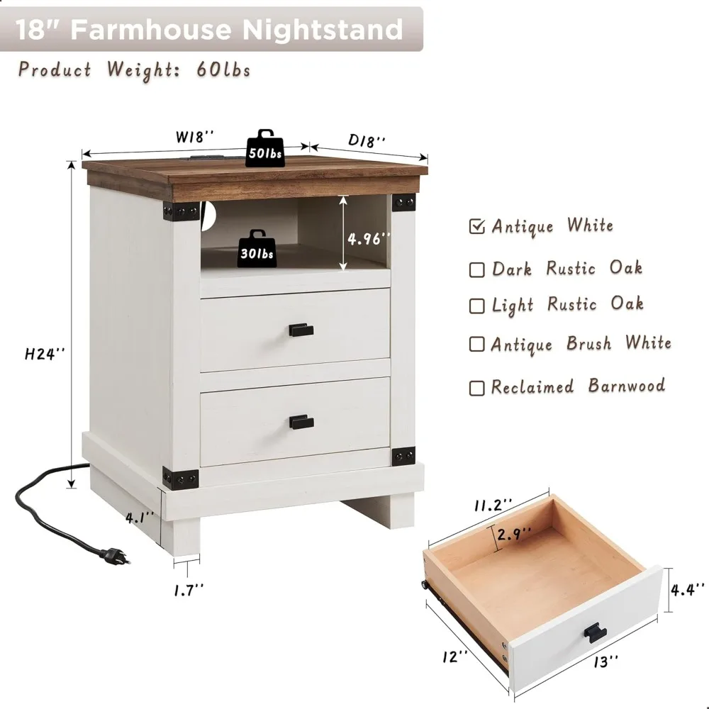 Farmhouse Nightstand with Charging Station,18" Rustic Night Stand with 2 Storage Drawers,Wood End Table for Bedroom, Living Room 2