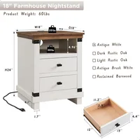 Farmhouse Nightstand with Charging Station,18" Rustic Night Stand with 2 Storage Drawers,Wood End Table for Bedroom, Living Room 2