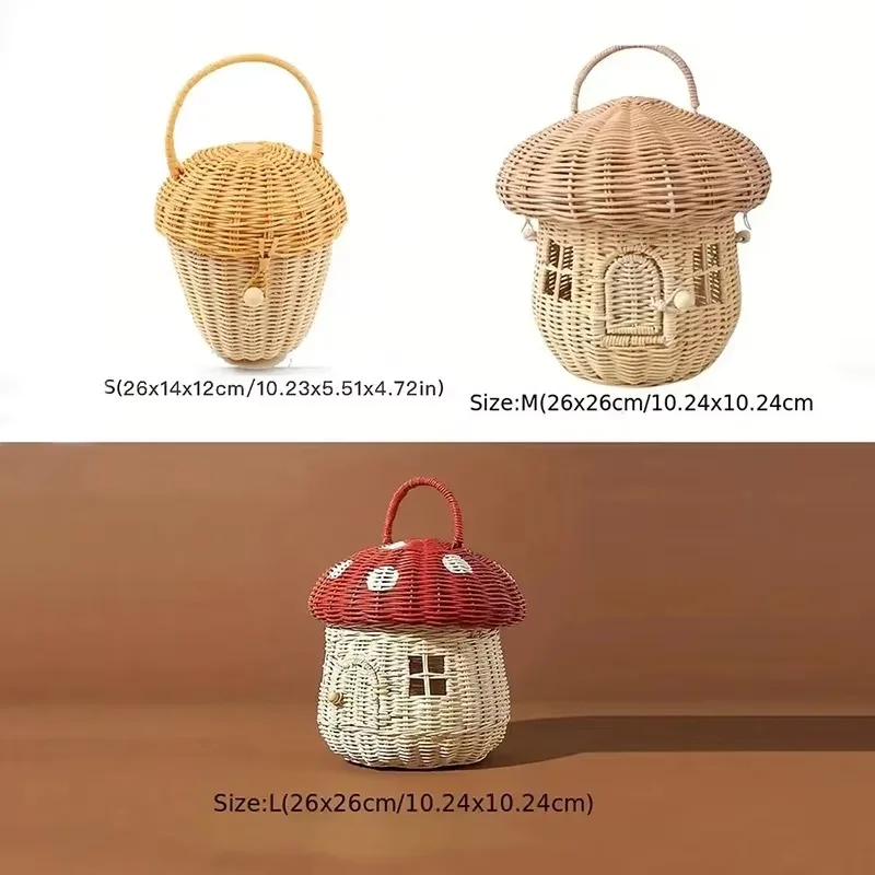 Rattan Woven Tote Bag Castle Mushroom Basket Portable Straw Storage Boxes Bohemian Vacation Picnic Baskets Kids Toys Organizer 6