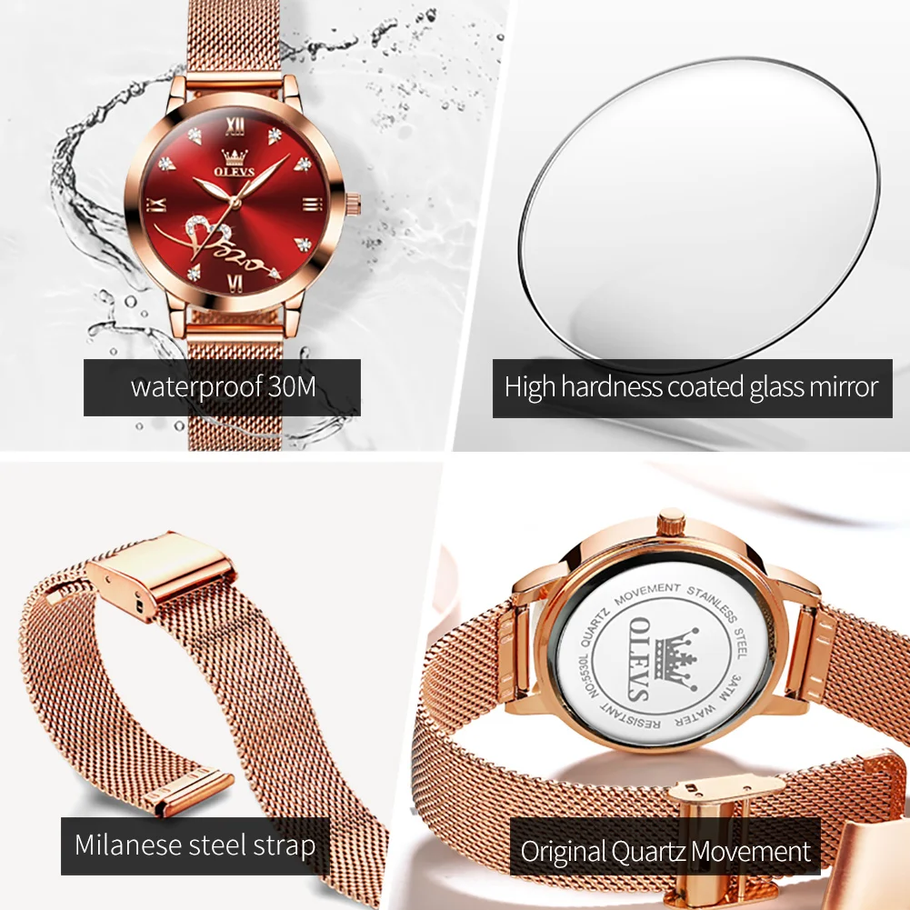 OLEVS 5530 Woman Watch Luxury Waterproof Quartz Ladies Dress Wristwatch Heart Shape Diamond Milanese Steel Strap Watch For Women