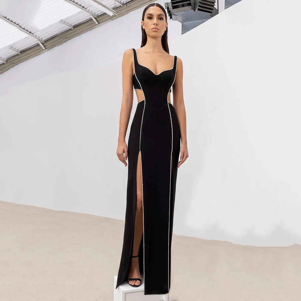

Black Color Ladies Sleeveless Sexy Strap Waist Hollow Out Slit Long Dress Rayon Bandage Fashion Celebrity Night Club Party Dress