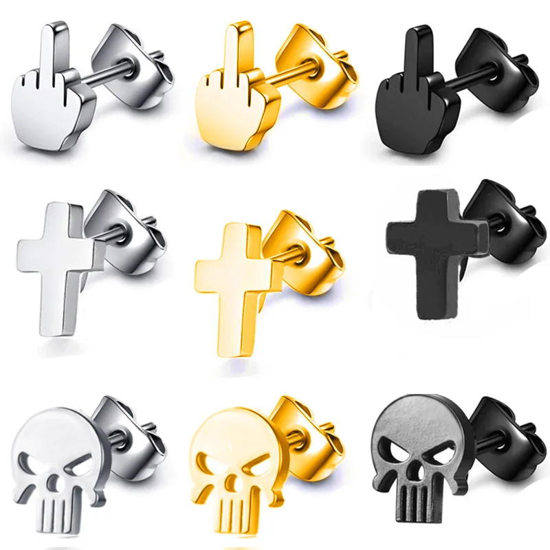 Gothic Faux Star Ear Plug Stainless Steel Mens Ear Stud Screw Black Skull Earrings Piercing jewelry piercing jewelry body piercing jewelry body jewelry ear piercing jewelry body piercing earrings metal jewelry ear studs 2PCS