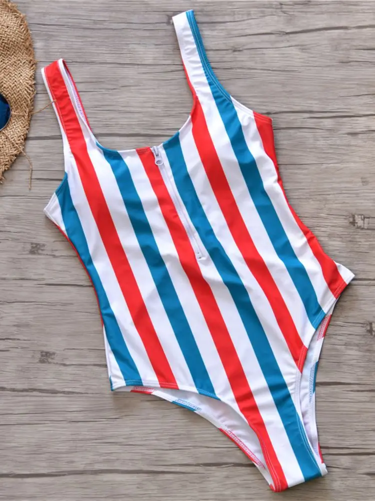 

2019 New Red White Blue Striped Swimwear One Piece Swimsuit Women Zipper Monokini Swimsuit Sport Bodysuit Beach Bathing Suit