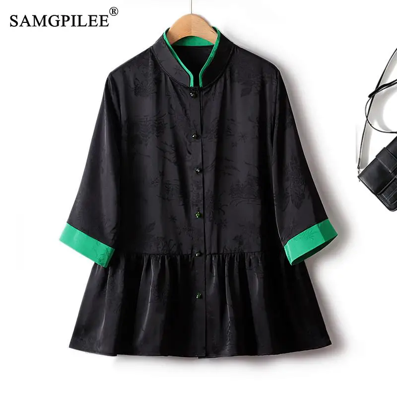 

Женская блузка в этническом стиле, жаккардовая драпированная однобортная рубашка из шифона с воротником-стойкой и пуговицами, 2023