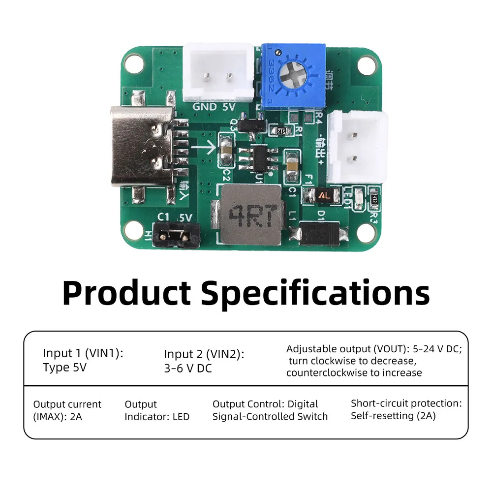 미니 조절식 부스트 모듈 DC 3-6V 듀얼 입력 - 5V 9V 12V 24V 출력 스위치 제어 단락 보호 DIY 전원 모듈
