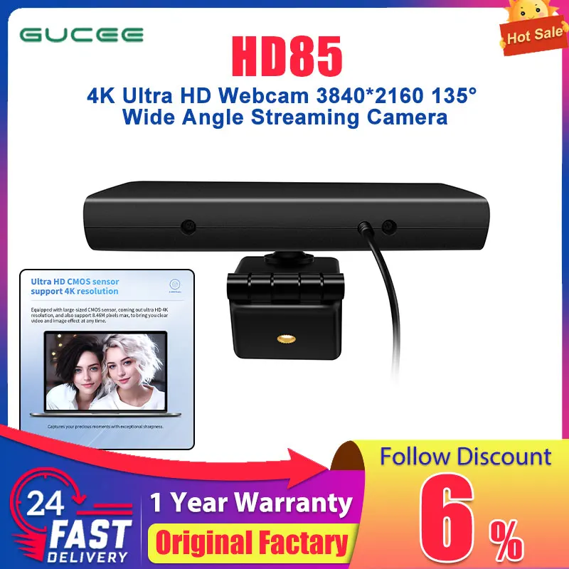 GUCEE HD85 4K Ultra HD Webcam 3840*2160 135&deg; Wide Angle Streaming Camera With Mic For Video Calling/Zoom/Skype/Team