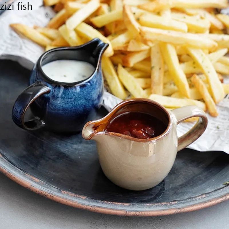 Kiln Changes Creative Ceramic Milk Jug with Handle Restaurant Steak Sauce Pot Milk Pot Gravy Boats Kitchen Retro Seasoning Tools milk frother jug,milk frothing jug