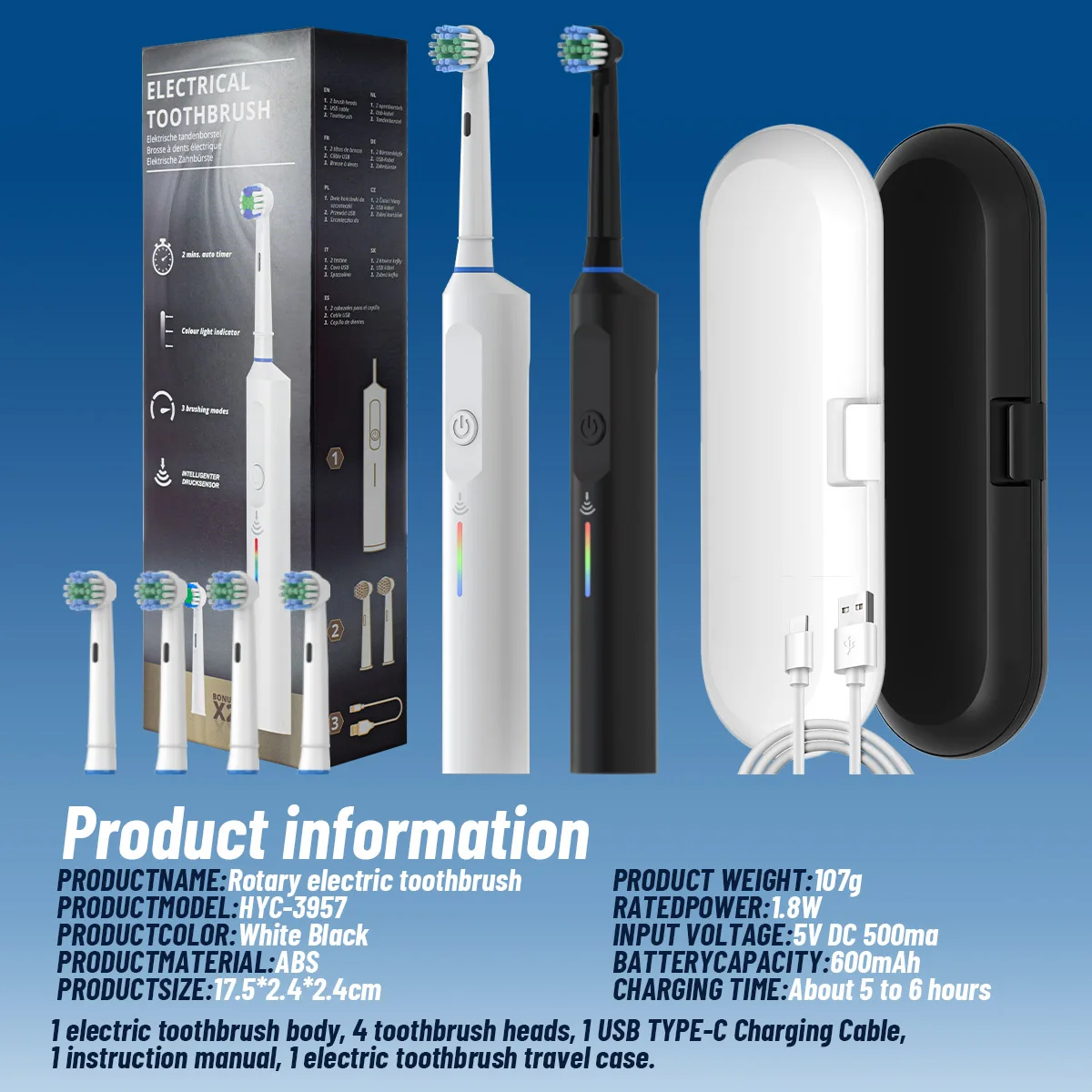 Premium Rotary Electric Toothbrush Set with Soft Bristles