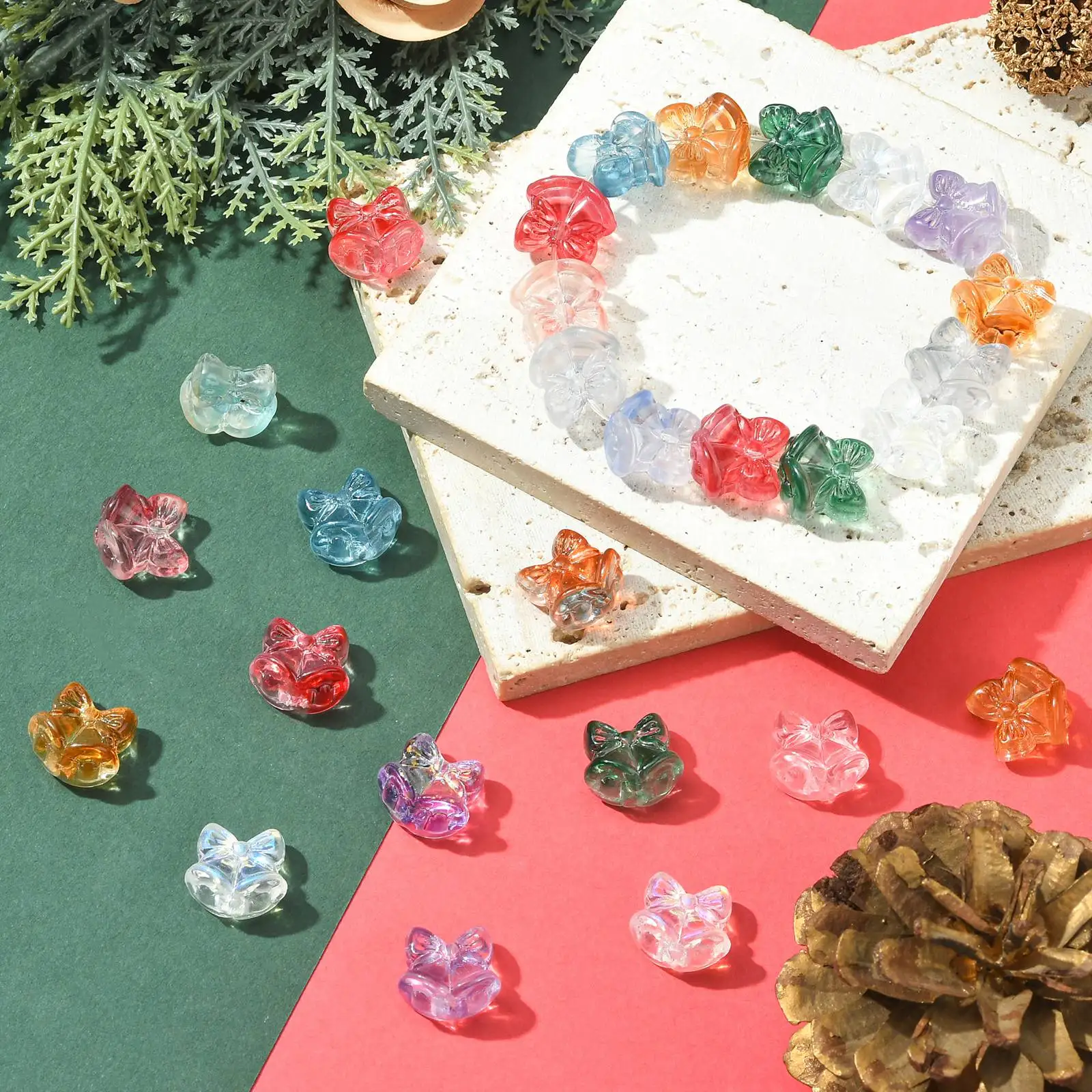 100Pcs Random Color Bell with Bowknot Glass Beads Colorful Bow Beads Christmas Bell Beads for Xmas Jewelry Making Supplies