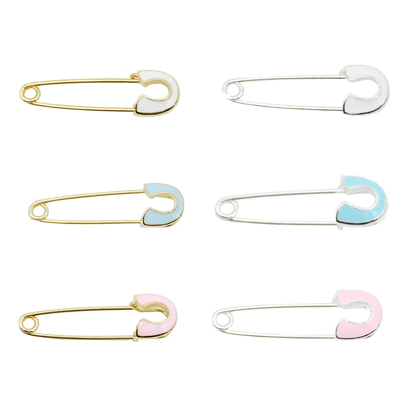 men03 Islamic Enamel Safety Pin with Gold and Silver Plating - 4cm/3 Loop, Pink and Blue - Small Baby Safety Pin Brooch (230616)