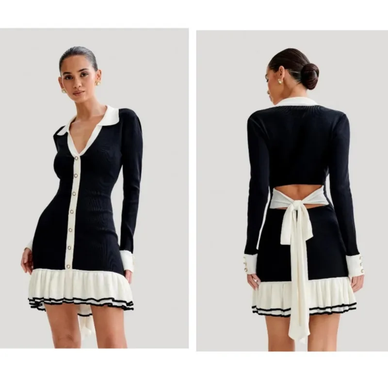 

Elegant Contrast Single Breasted V Neck Knitted Dress Women Lapel Backless Lace Up Ruffles Mini Dress Summer Lady Street Vestido