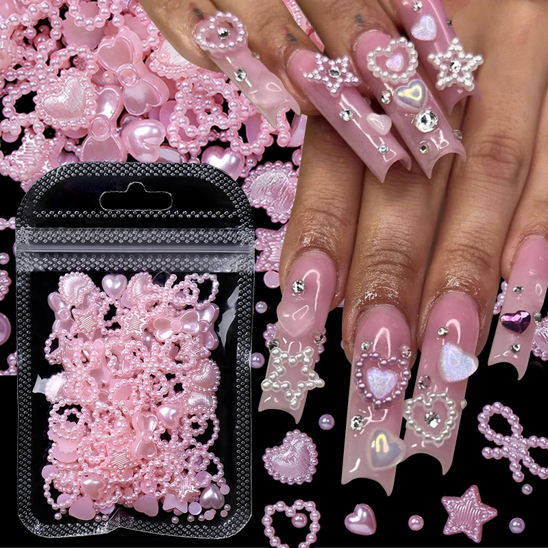 100Pcs Pearl Pink Bowknot Heart Shaped Mixed Nail Decorations Kawaii Nail Art Charms Star Butterfly DIY Nail Accessories 5