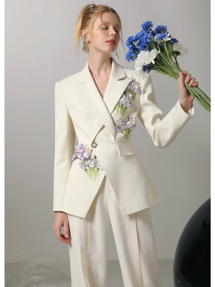 Three-Dimensional Flower Trendy Design Office Lady Wide Leg Pants Suit Outfits Business Temperament Suit Pants Women's Suit