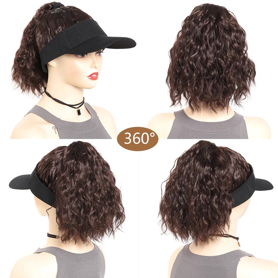 LUPU Synthetic Hair Curly Wave Ponytail Black Brown Baseball Cap Wig Adjustable Sun-Protective Sporty Style for Women Girls