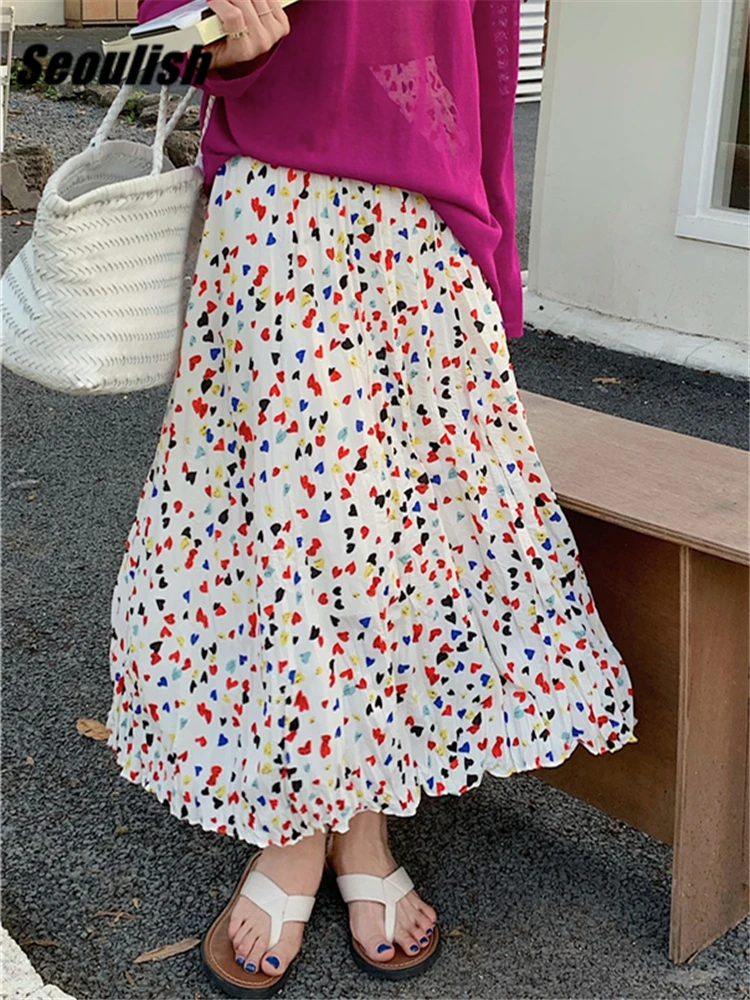 

Seoulish Summer LOVE Printed Pleated Women's Mi-long Skirts 2022 New High Waist Country Style Umbrella A-Line Skirts Female