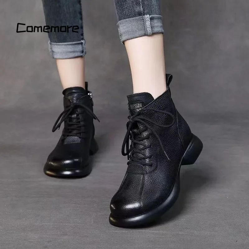 Comemore Soft Leather Short Women's Ankle Boots 2023 Autumn Winter New Comfortable Velvet Retro Thick Bottom Knight Boot Women