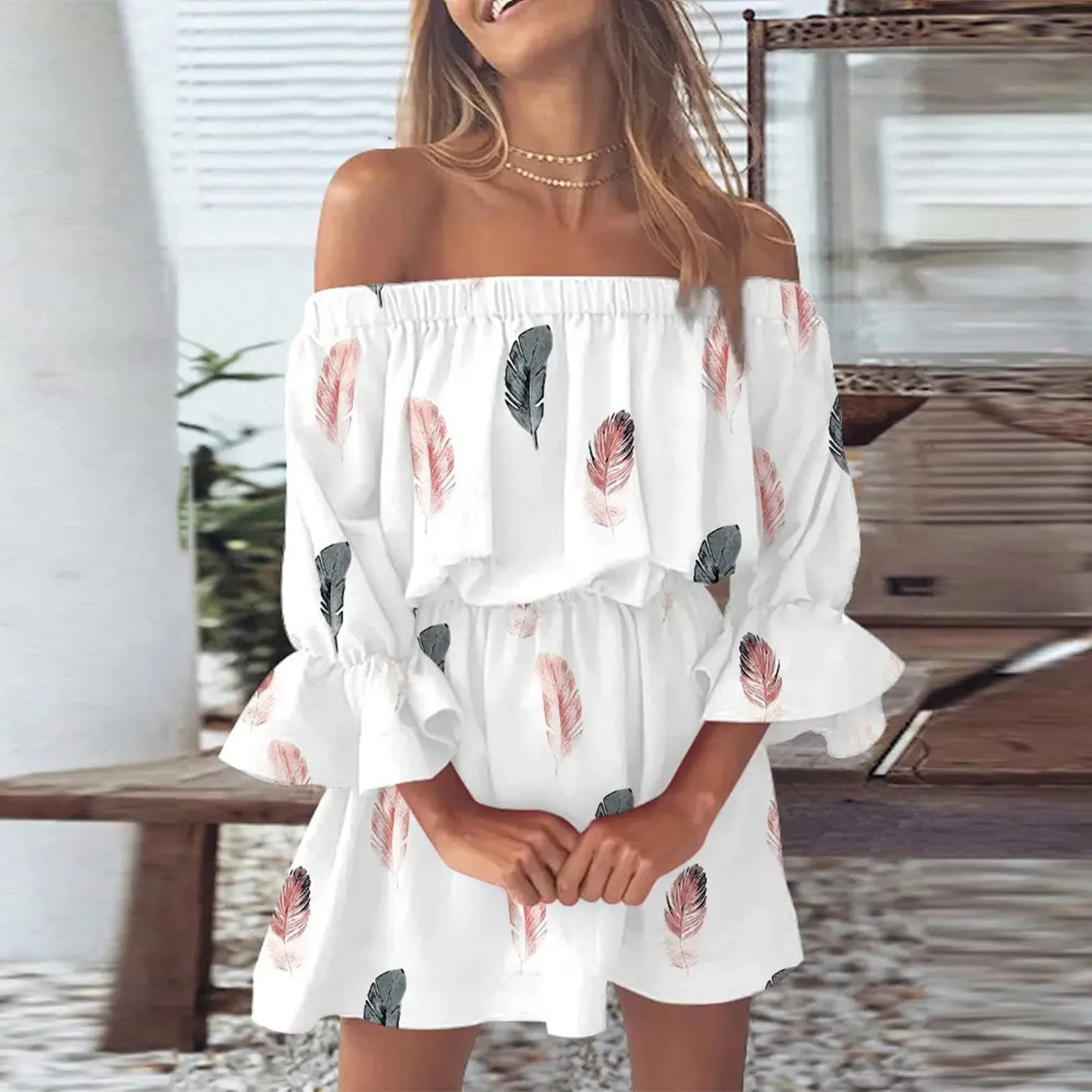 

Boho Dresses for Women 2024 Summer Sexy Off Shoulder Floral Print Flare Sleeve Tunic Dress Women Casual Mini Sundress Vestido