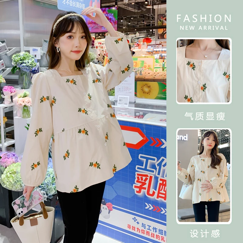 Spring Fall Korean Fashion Lady Blouse Flowers Embroidery Long Sleeves Square Neck Loose Maternity Blouse Pregnant Women