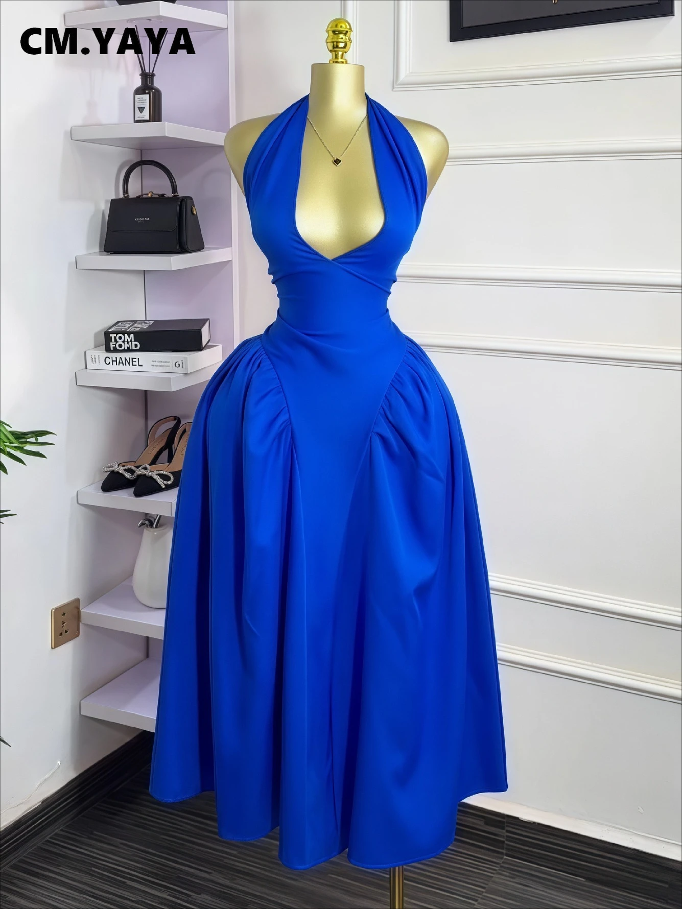 CM.YAYA Women Halter V-neck Backless Sleeveless Big Swing Bodycon Mid Maxi Long Dress 2025 Vacation Sexy Party Evening Dresses