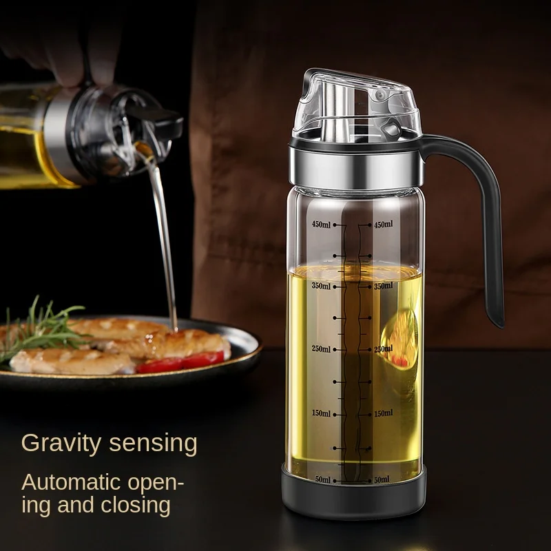 Automatic opening and closing glass oil pot, oil bottle, kitchen soy sauce bottle, vinegar leak-proof and measurable
