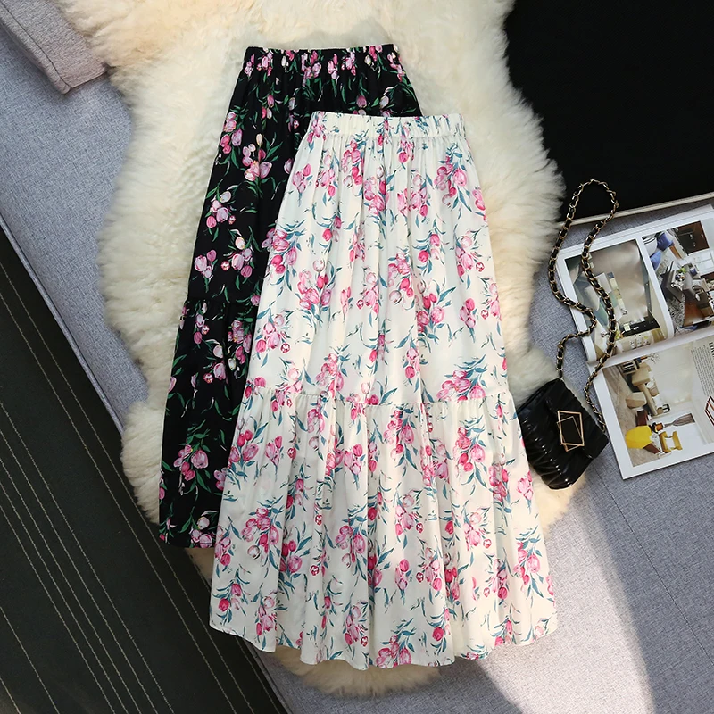 

Vintage Floral Print A-line Pleated Long Skirts Summer Women 2023 Casual Skirt Streetwear Elastic Waist Midi Skirt