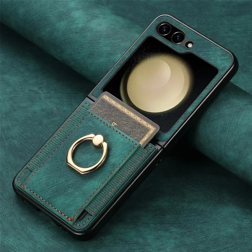 Vintage-Style PU Leather Wallet Phone Case with Ring & Card Slot Holder