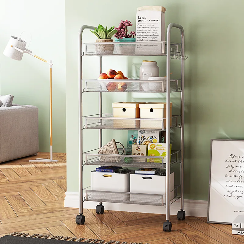 

Nordic Movable Diamond Net Storage Trolley Kitchen and Bedroom Bedside Floor Multi-Layer Storage Rack with Wheels Partition Car