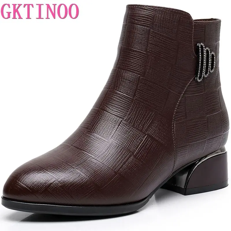 

GKTINOO New Ankle Boots Women Pointed Toe Thick Heels Genuine Leather Shoes Short Boots Soft Sole Footwear Plus Size 35-43
