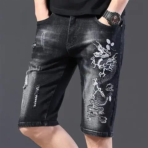 Pantalones vaqueros cortos para hombre, pantalones cortos vaqueros negros con gráficos rotos para hombre, tendencia 2024, diseñador original emo harajuku, novedad de verano