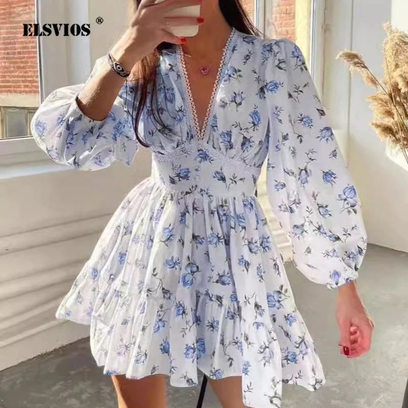 

Fresh Sweet Princess Style Lace Mini Dress Women's V-Neck Printed Lantern Sleeves Slim Fit Waist Dresses 2024 Summer New Fashion