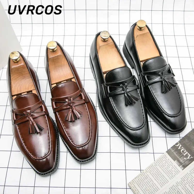 Zapatos de cuero formales de negocios para hombre, mocasines informales de tacón Color sólido, zapato de moda de capa - AliExpress