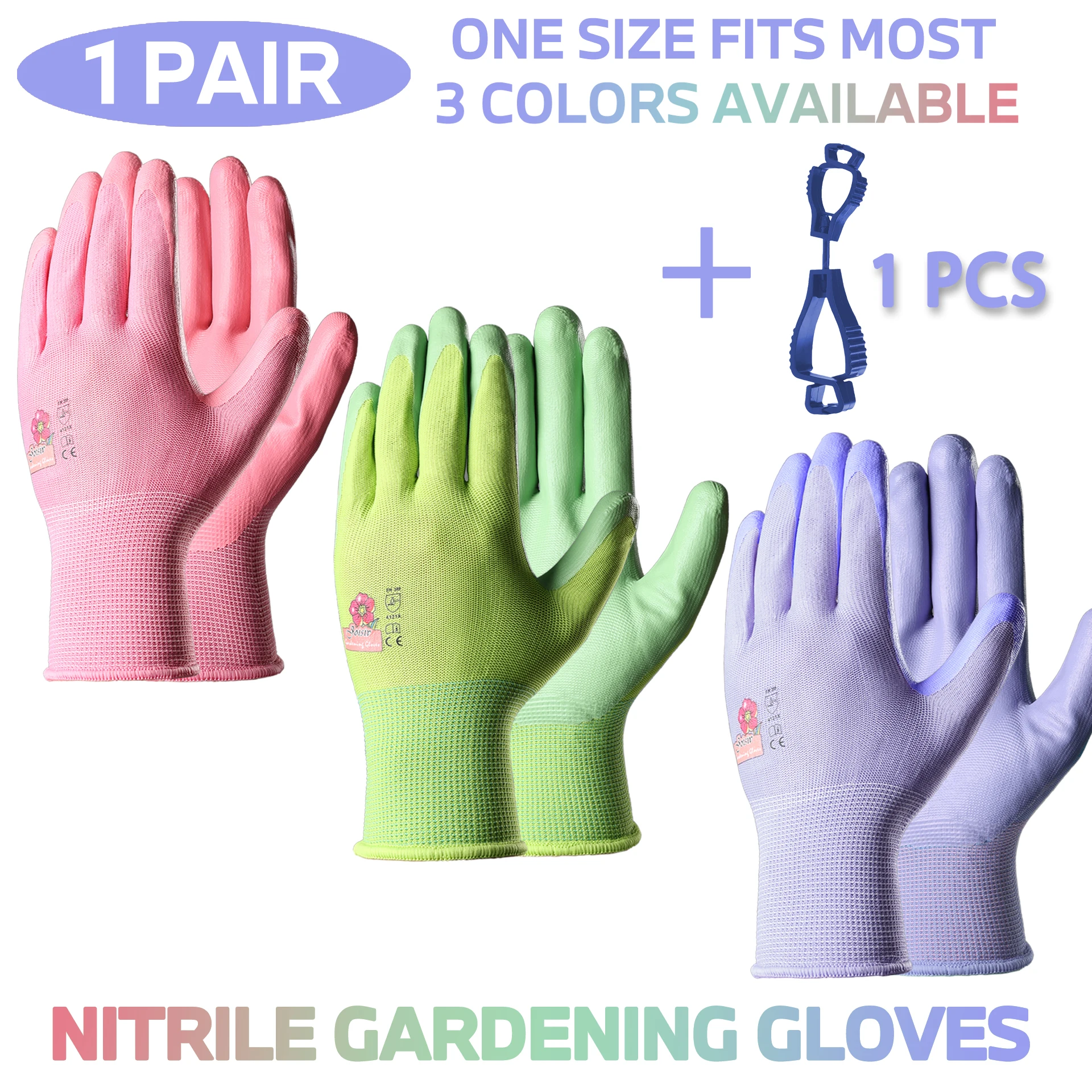 1Pair3ColorsWomensNitrileGardenGlovesforDiggingPlanting