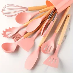 12-Piece Multi-Color Silicone & Wood Kitchen Utensil Set: Non-Stick, Heat-Resistant Cooking Tools (12pcs pink)
