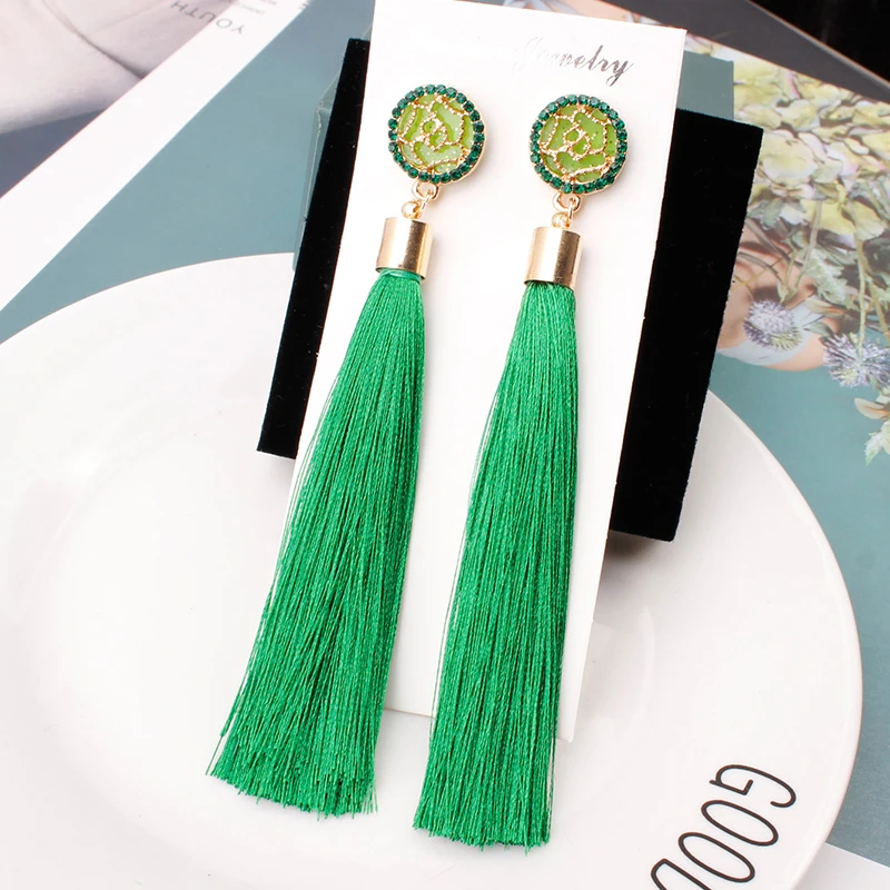 Bohemian Crystal Rose Flower Long Tassel Drop Earrings For Women Girls Red White Black Silk Fabric