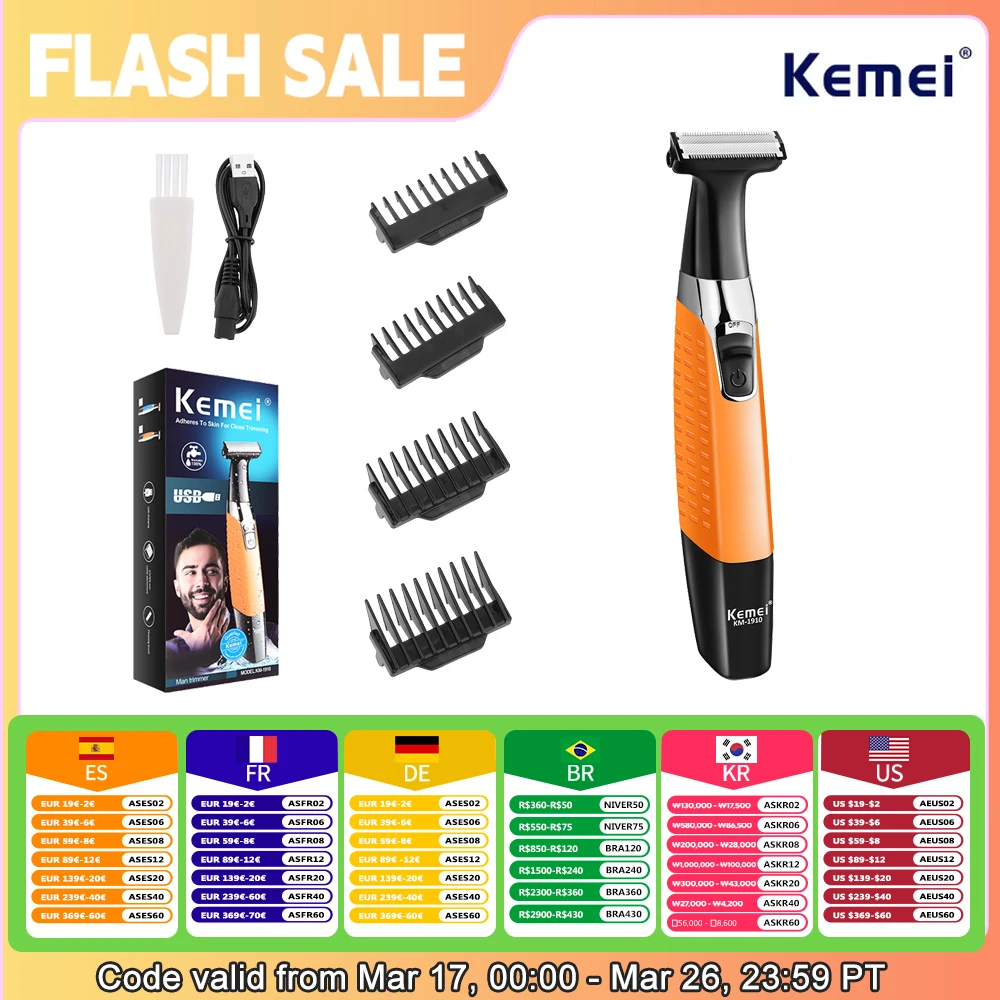 Electric Shaver Kemei KM-1910 Waterproof USB Rechargeable Men's Beard Trimmer
