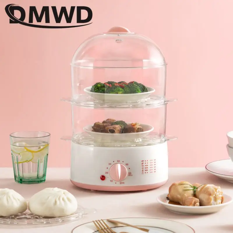 2L Mini Household Electric Food Steamer with Timer Knob control Auto Shut-off Visualization Food Warmer 3 layers Egg Boiler 2