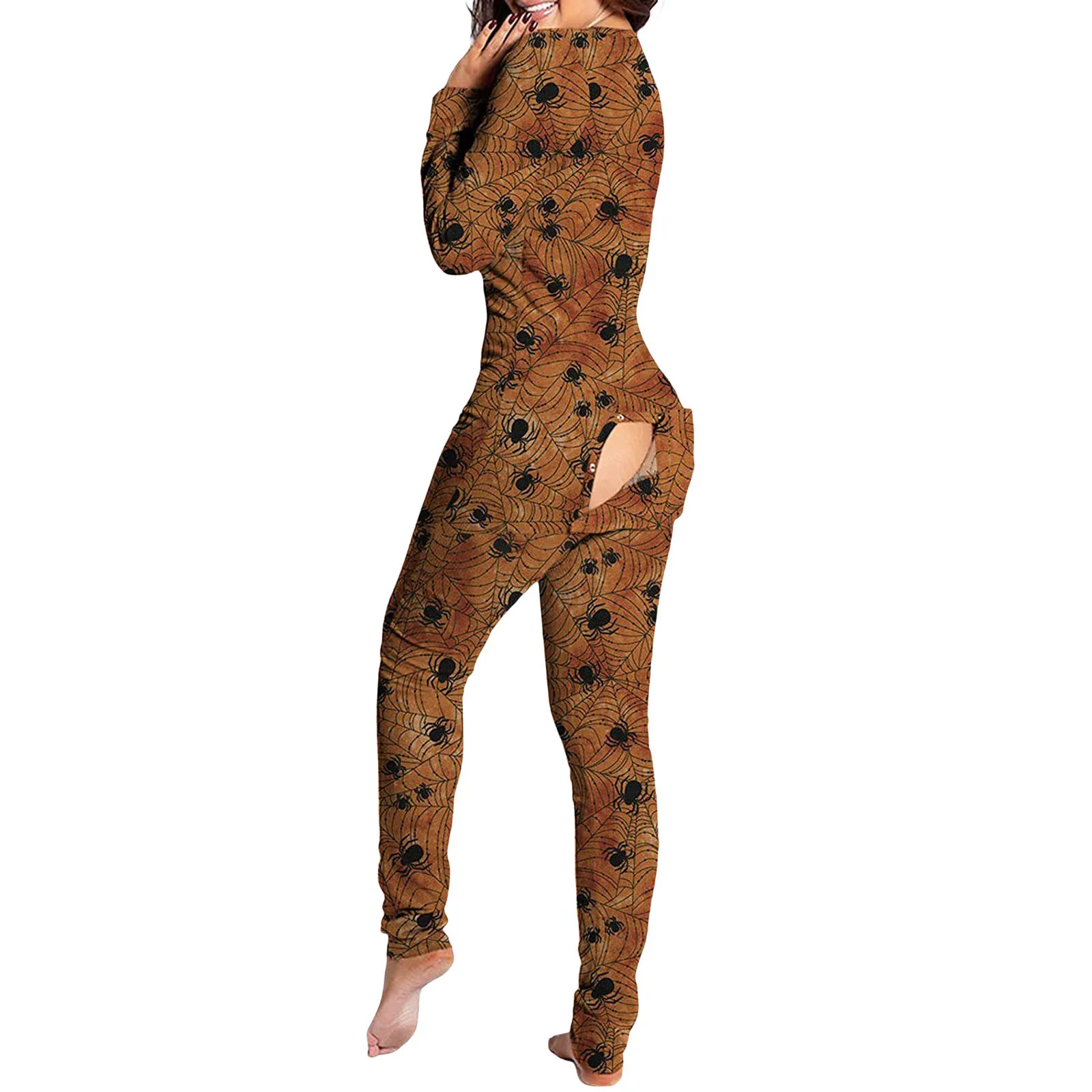 thumbnail image 5 of Pijama sexy para mujer, mono con botones en la parte delantera y trasera, con solapa en el trasero, ropa de dormir con botones para Halloween, 5 of 5