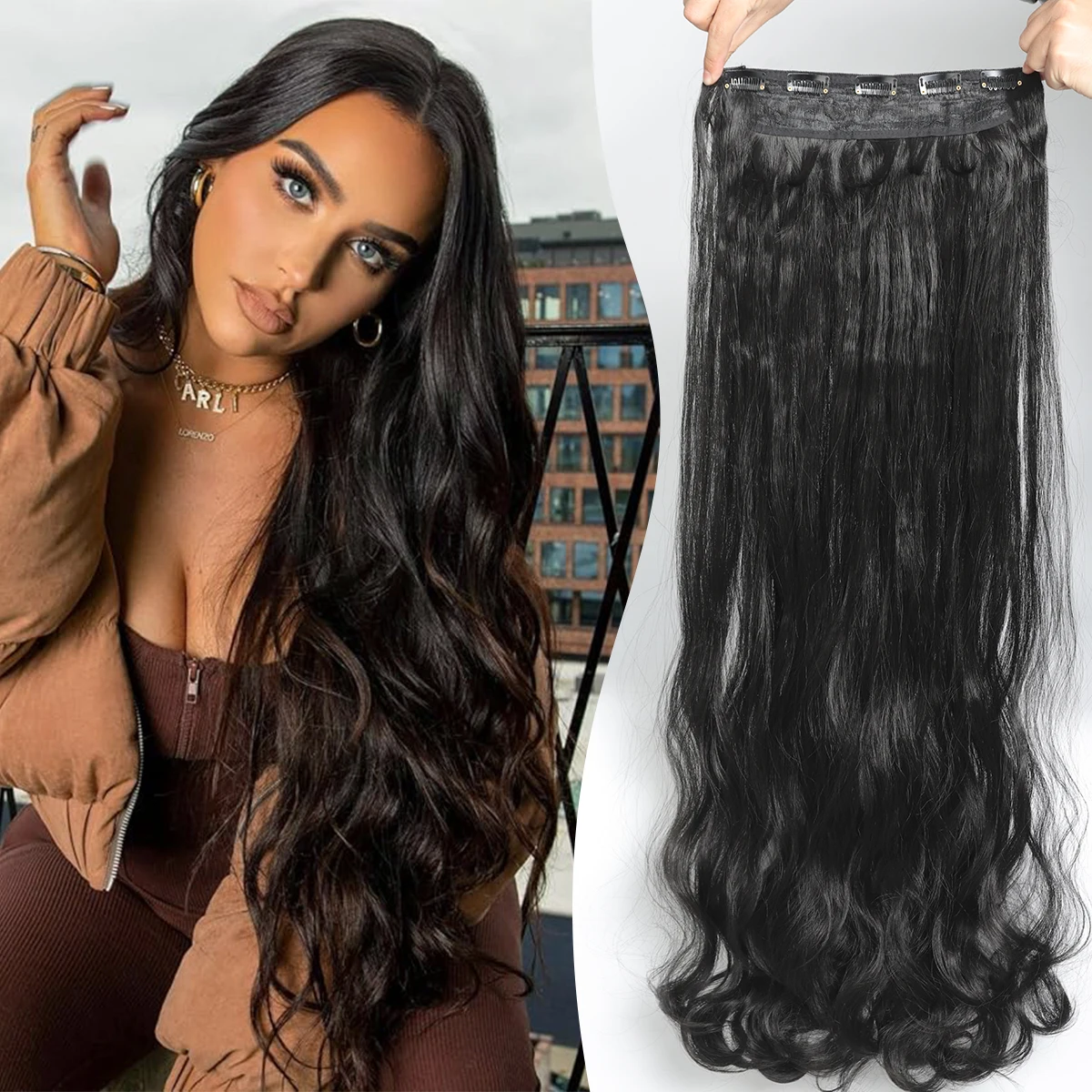

SEEANO 16-36 Inch 5 Clips In Hair Synthetic Long Wavy Wigs Black Brown Hairpieces Heat Resistant False Hair