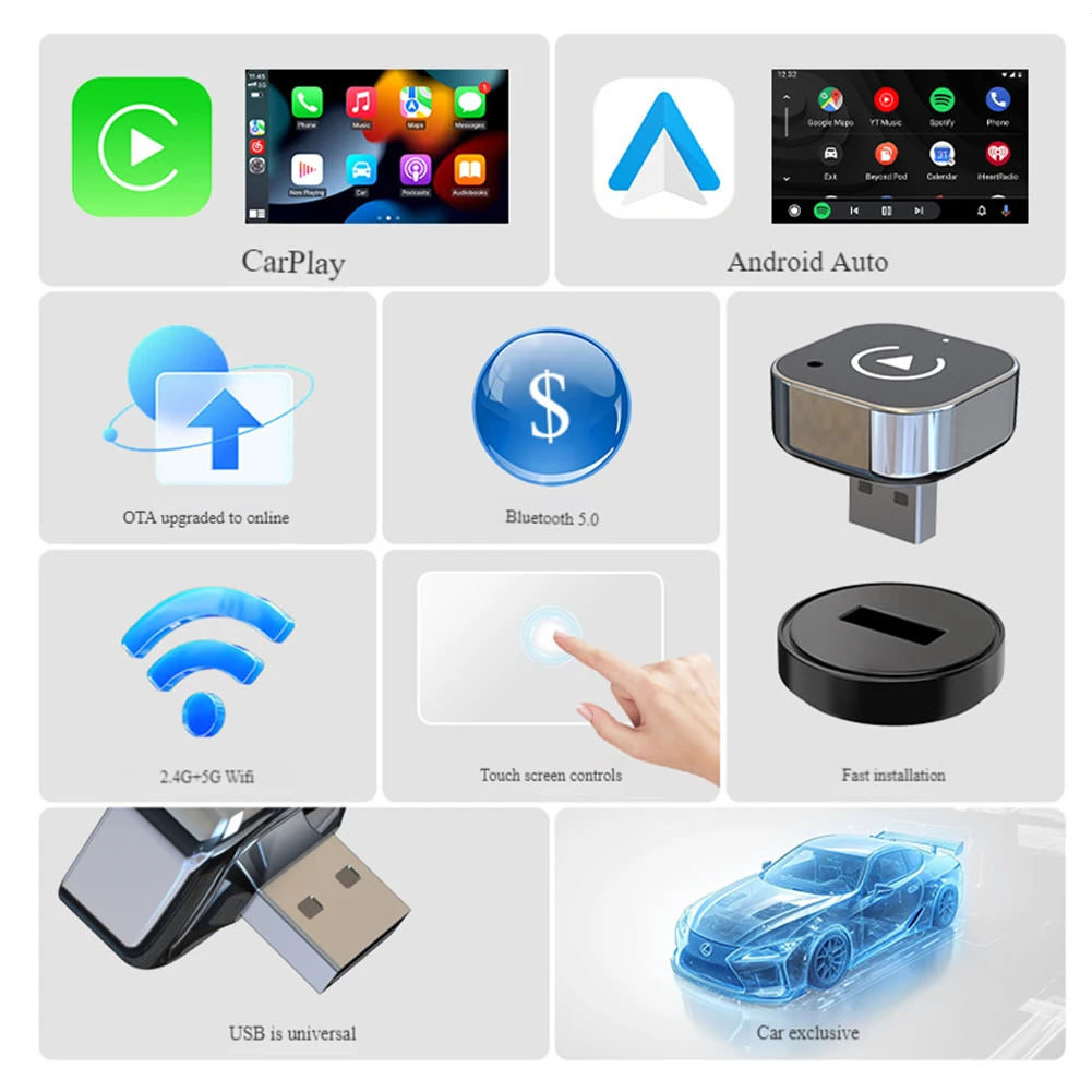 2 in 1 USB Dongle Wireless CarPlay Android Auto Adapter Wireless CarPlay Adapter Convert Smart Mini Box for Factory Wired Cars