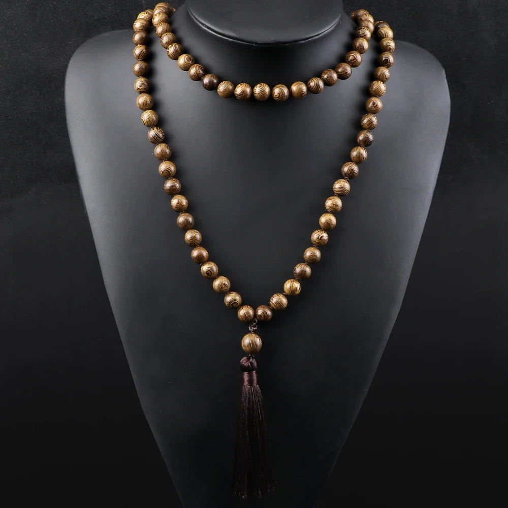 6 8 10mm Vintage 108 Mala Beads Necklace Original Wooden Bead Men Tassel Yoga Meditation Necklaces Women Prayer Buddhist Jewelry 3