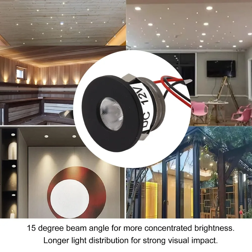 2팩 에너지 절약형 DC 12V 미니 LED 스포트라이트 100LM 블랙 소형 LED 스포트라이트 1W 알루미늄 초소형 스포트라이트 실내 디스플레이