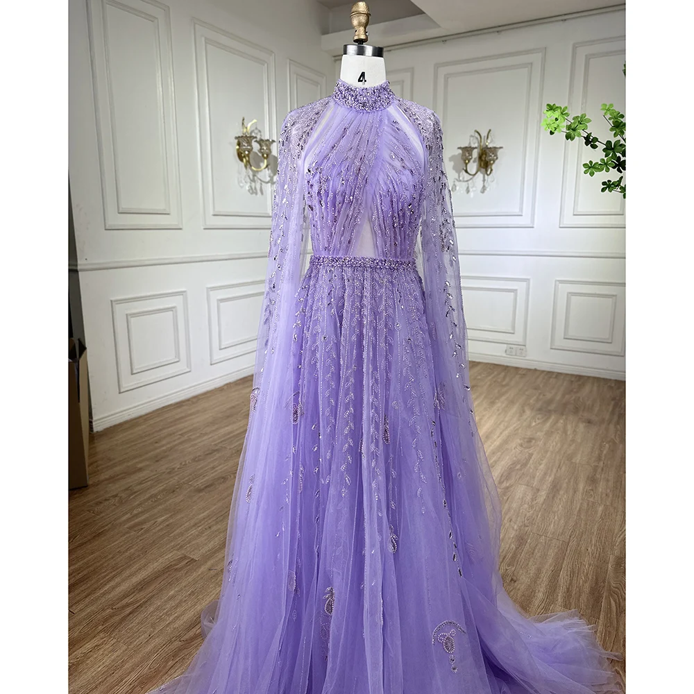 Serene Hill Dubai Arabic Luxury Nude A Line Beaded Evening Dresses With Cape Sleeves Gowns For Women  Wedding Party 2023 LA71803