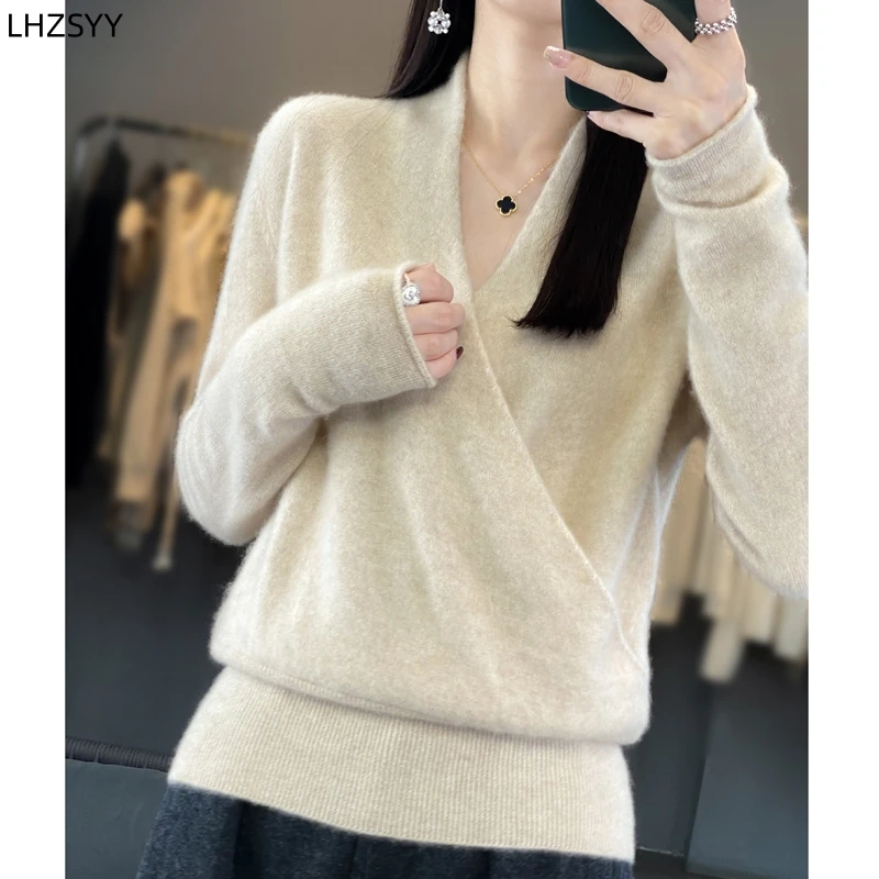 

LHZSYY 2023Autumn Winter New Cashmere Sweater Women V-Neck Pullover Sweater Long Sleeve Loose Knit Tops Casual Warm Wool Blouses